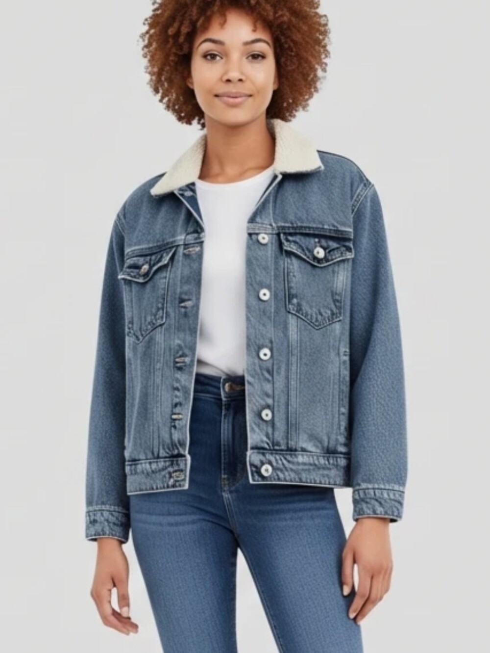 Lucky Brand Womens Medium Wash Faux Shearling Lined Denim Trucker Jacket M